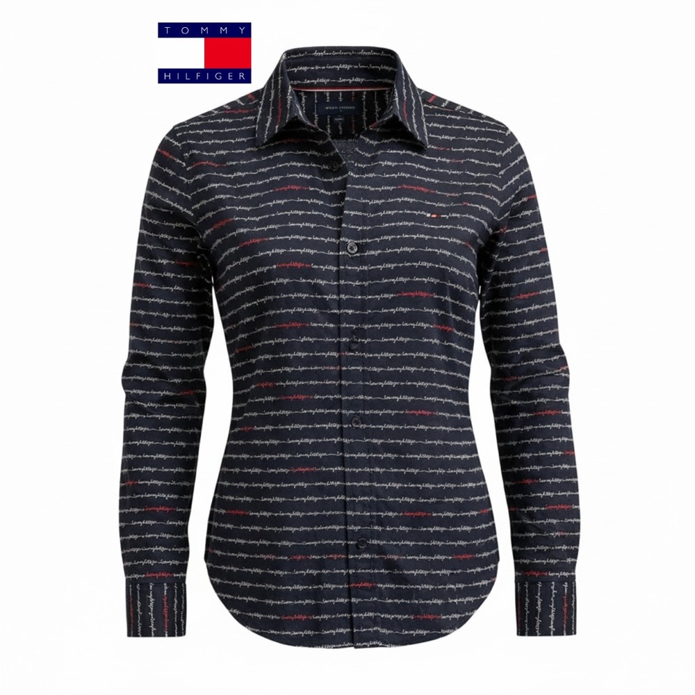 Tommy Hilfiger Navy Button-Down Shirt with Red & White Script